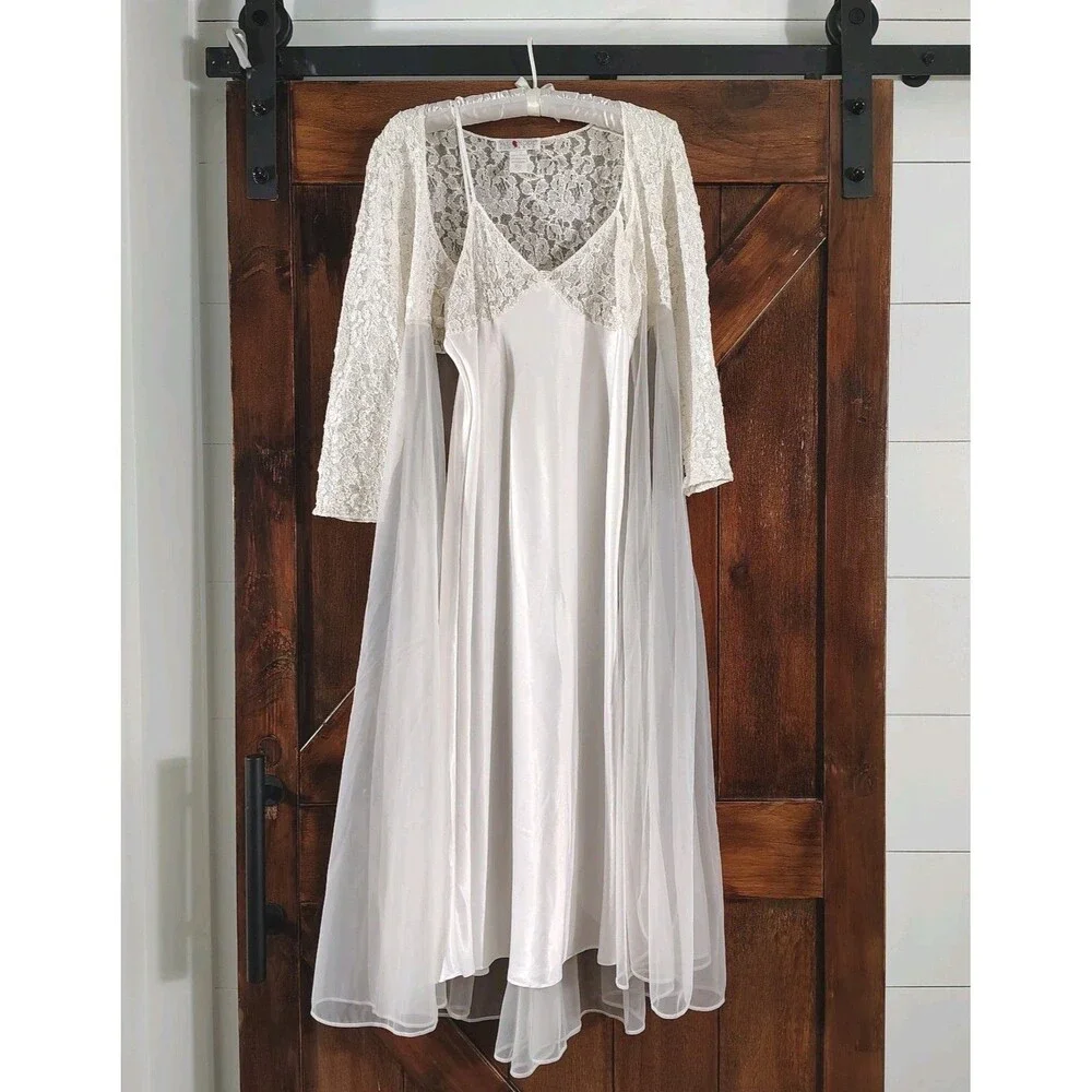 Vintage White Lace Nightgown Set Size S Sheer Robe Satin Slip Romantic Bridal - Picture 5 of 12